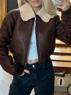 Casual Solid Patchwork Pu Leather Jackets Basic Turn-Down Collar Long Sleeve Coats Women Autumn Winter Fashion Lady