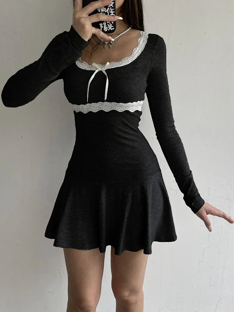 Square Neck Lace Trim Empire Waist Ribbon Bow Long Sleeve Fit and Flare Mini Dress