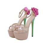 16CM Women Sandals with Rose Flowers Cover Strap and Platform High Heels