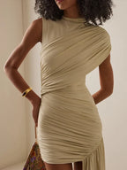 One Shoulder Ruched Asymmetric Drape Train Bodycon Mini Dress