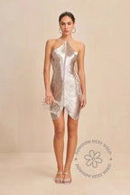Halter Neck Sheer Mesh Yoke Fringe Trim Asymmetrical Hem Mini Dress