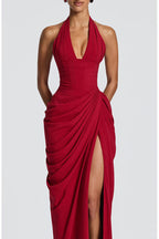 Minette Halter Back Lace-up Asymmetrical Pleats Slit Maxi Dress