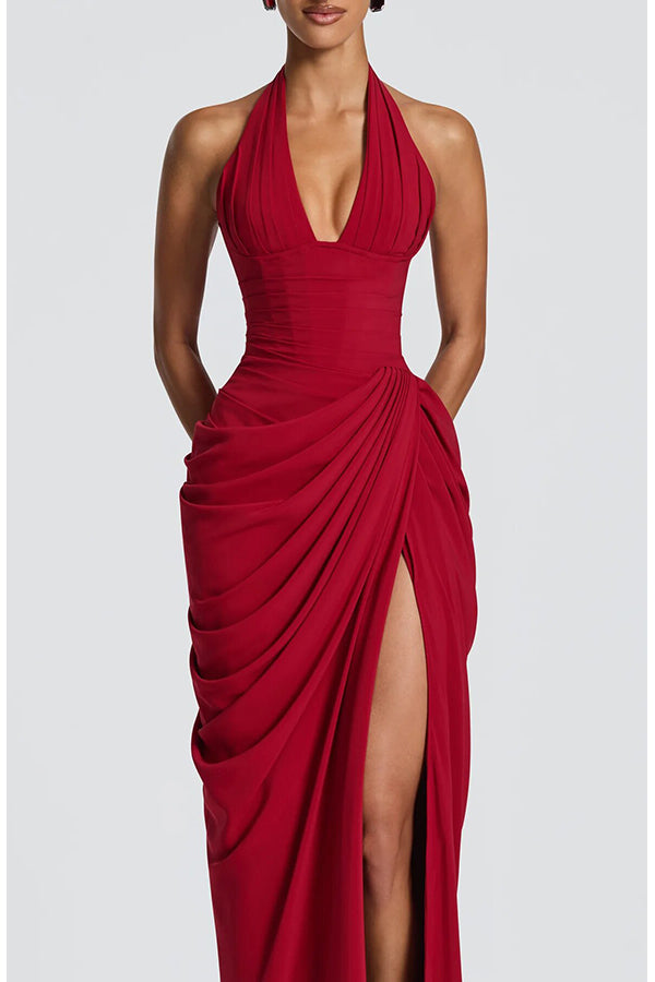Minette Halter Back Lace-up Asymmetrical Pleats Slit Maxi Dress