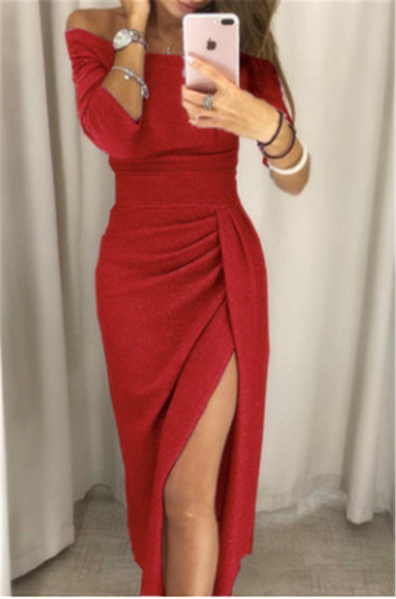 Lucía Minimalist Glitter Dress with Off the Shoulder Shoulders Statement Occasion Edit