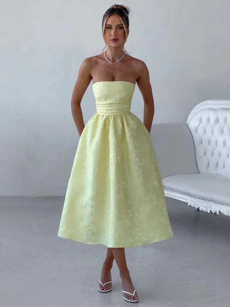 Jacquard Strapless Bow Back Fit and Flare Mini Dress
