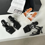 Summer Fashion Narrow Band Square open Toe Woman Slippers with Thin High Heels