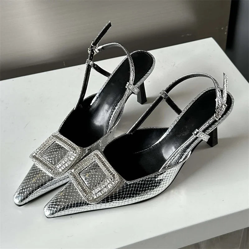 Spring Autumn Women Pumps Designer Pointed Toe Buckle Strap Thin Heels Gold Silver