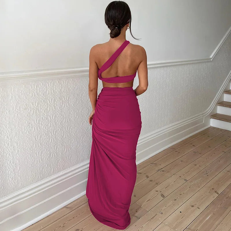 Solid Oblique Shoulder Wrapped Slit High Waist Two Piece Skirt Set