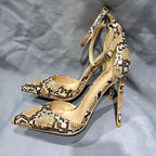 Beige Brown Snakeskin Pointy Toe Ankle Strap High Heel Shoes for Women