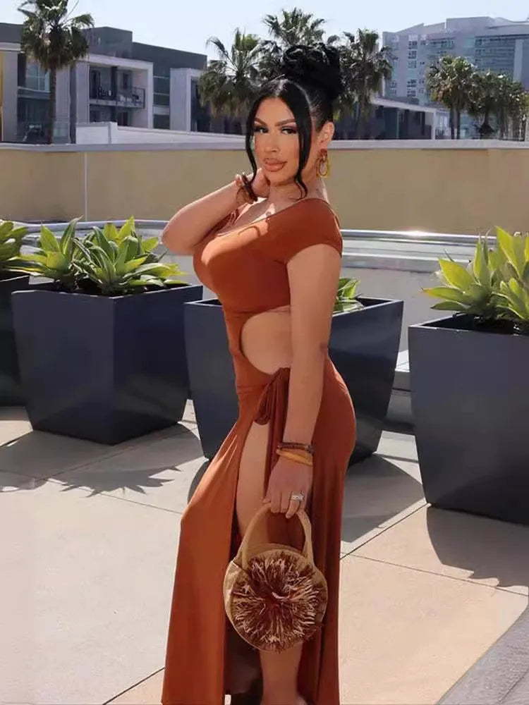 Crew Neck Side Cut Out Tie Detail High Split Bodycon Maxi Dress