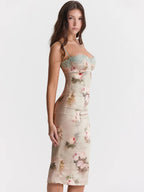 Floral Print Lace-Trim Sweetheart Spaghetti Strap Bodycon Midi Dress
