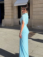 Mock Neck Draped Wrap Cape Overlay Sunray Pleated Maxi Dress