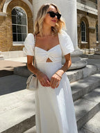 White Square Collar Puff Sleeve Long Dress For Women Slim A-Line Twist Hollow Out Cotton Elegant Dresses Autumn Fashion