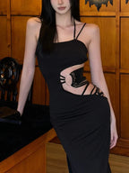 Spaghetti Strap O-Ring Buckle Side Cut Out Bodycon Maxi Dress