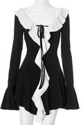 V Neck Long Sleeve Patchwork Mini Dress