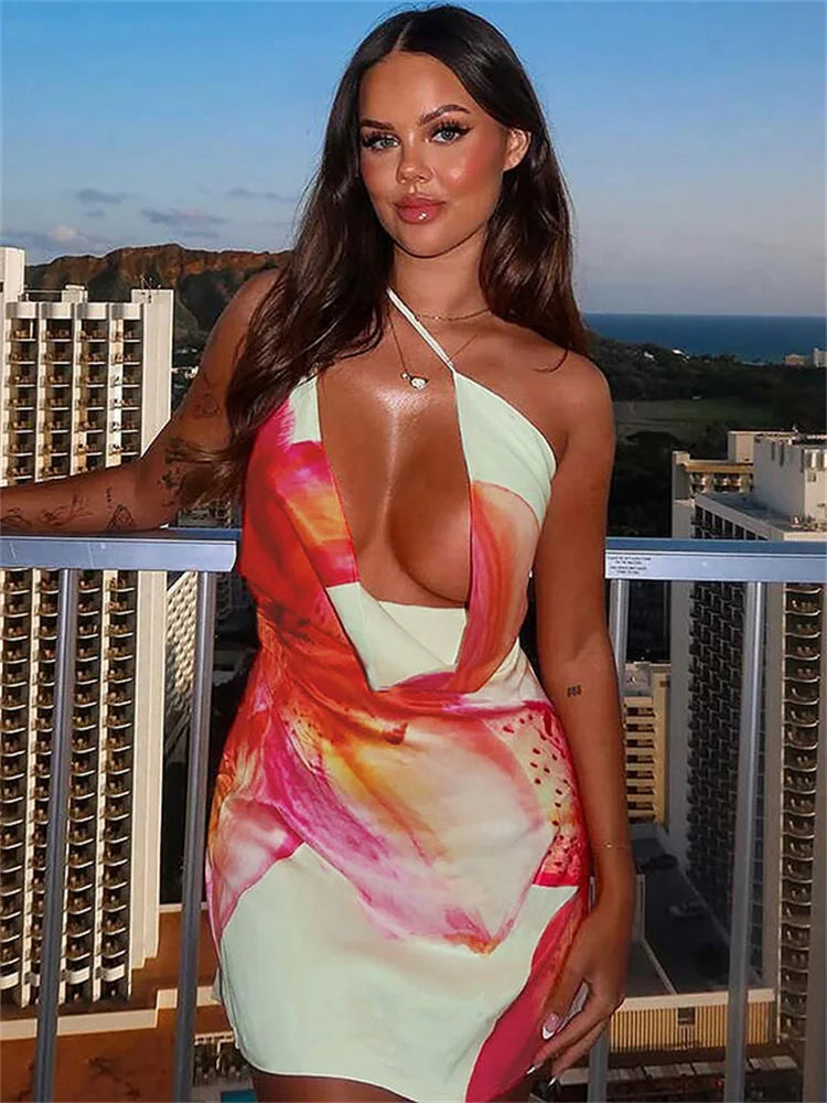 One Shoulder Floral Print Cut Out Cowl Neck Satin Bodycon Mini Dress