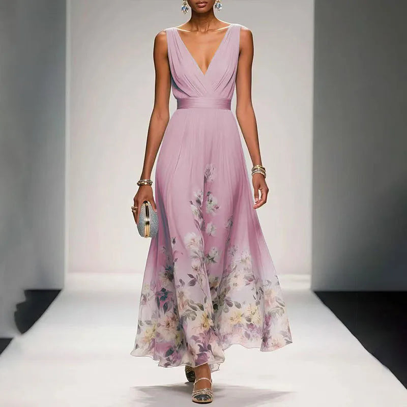 V-Neck Waistband Floral Hem Chiffon Maxi Dress
