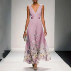V-Neck Waistband Floral Hem Chiffon Maxi Dress