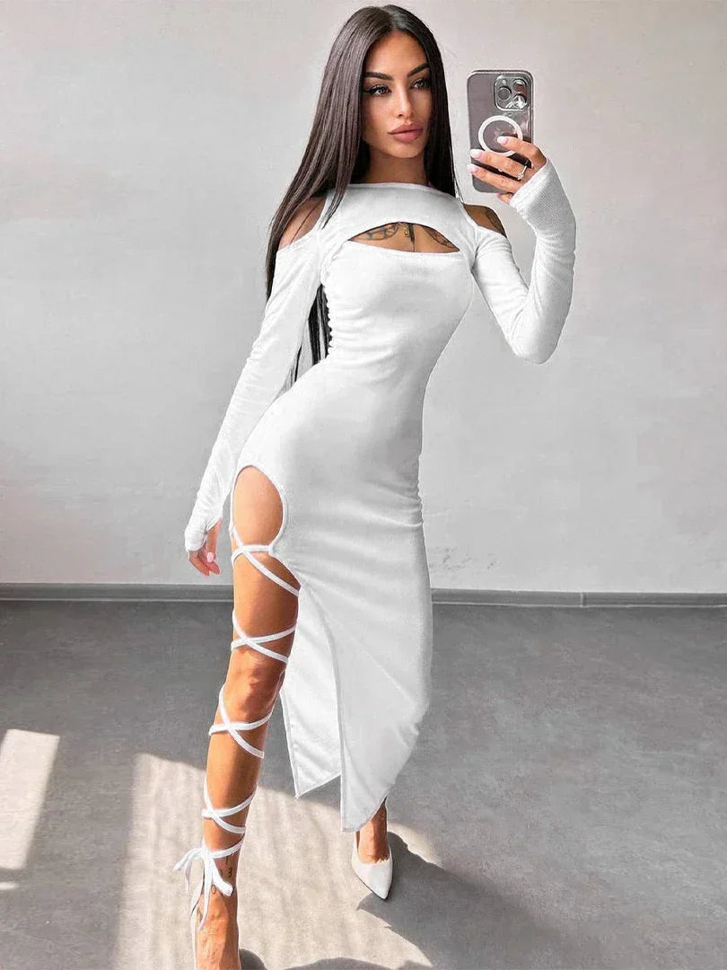 Ribbed Knit Mock Neck Keyhole Cold Shoulder Lace Up Leg Detail Midi Dress