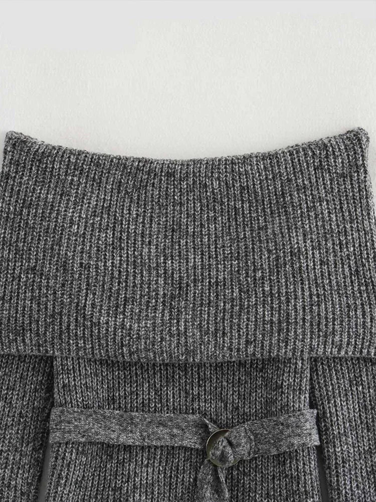 Vintage Off Shoulder Sweater With Belt Women Elegant Knitted Solid Thick Long Sleeve Sweaters Female Winter Chic Street Knitwear