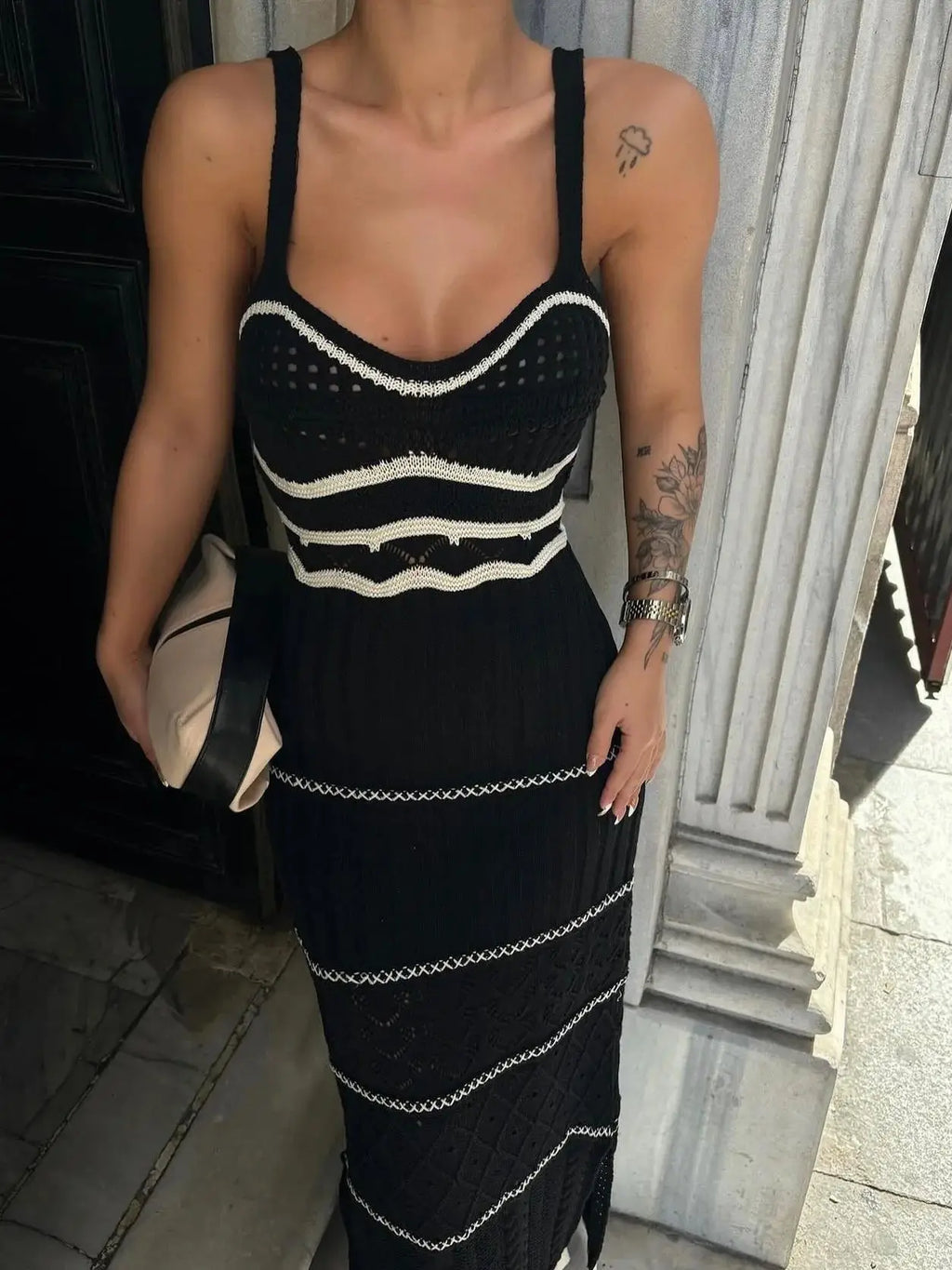 Striped Knit Scoop Neck Open Crochet Panel Midi Dress