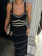 Striped Knit Scoop Neck Open Crochet Panel Midi Dress
