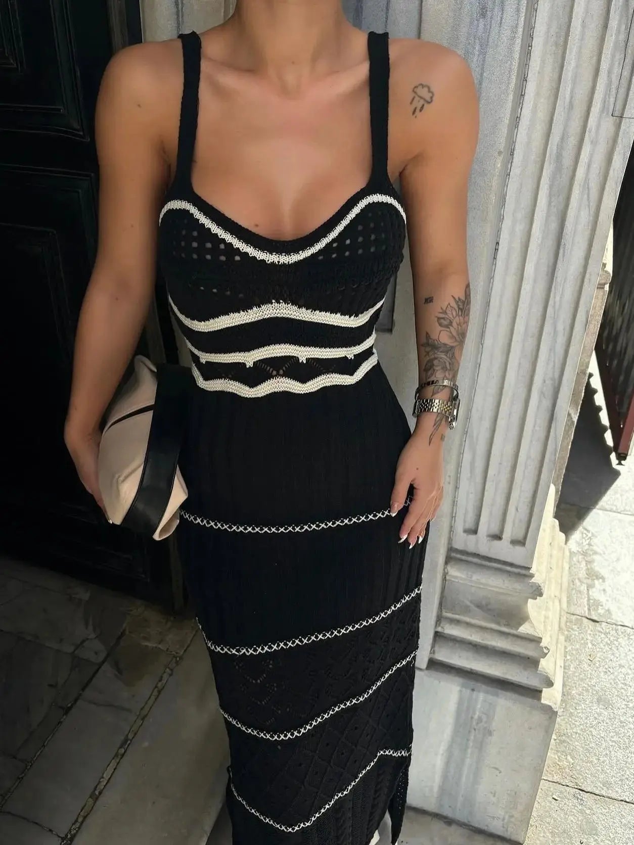 Striped Knit Scoop Neck Open Crochet Panel Midi Dress
