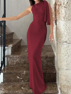 High Neck Sleeveless Draped Shoulder Sash Column Maxi Dress