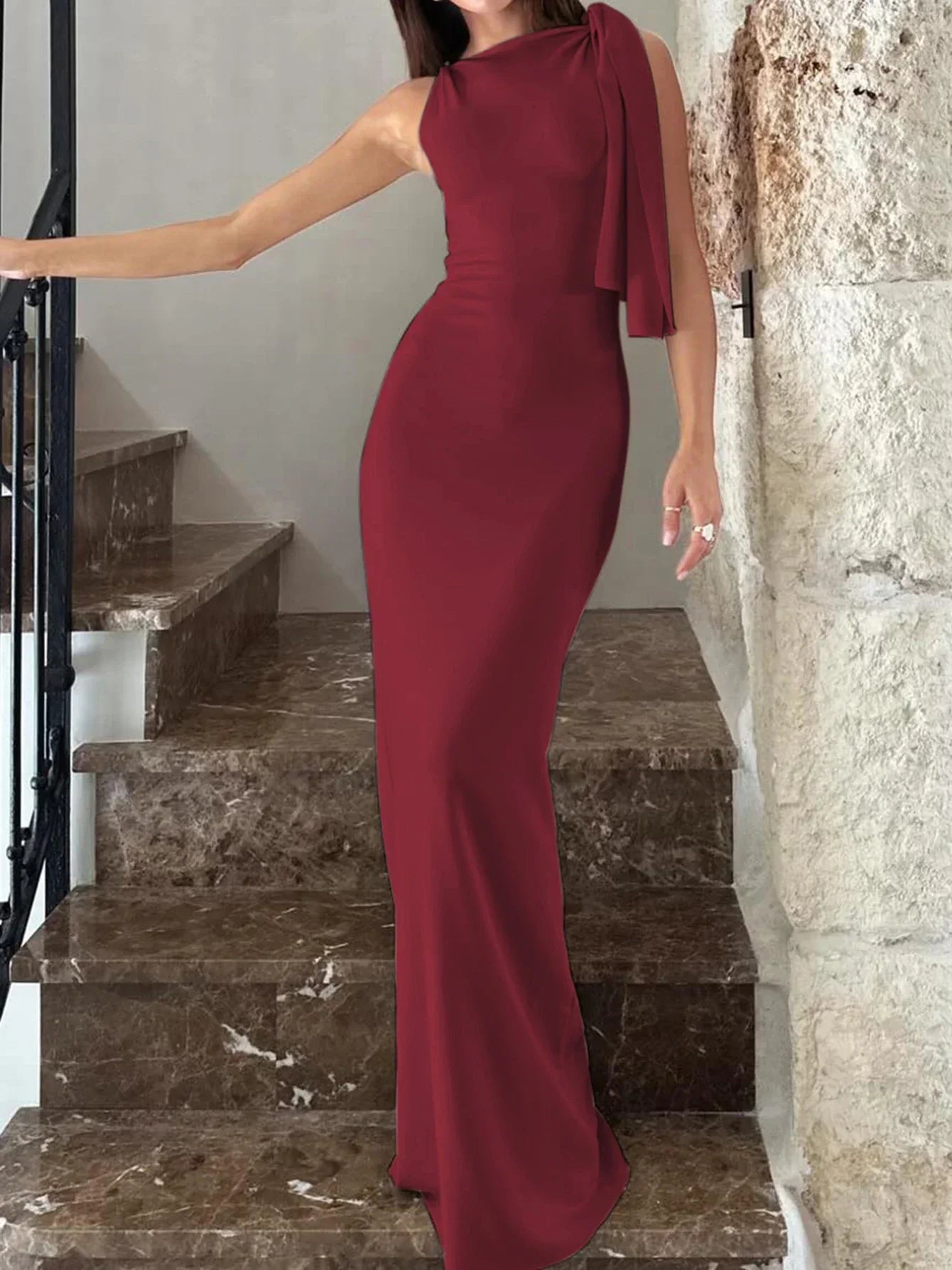 High Neck Sleeveless Draped Shoulder Sash Column Maxi Dress