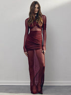 Criss Cross Ruched Long Sleeve Sheer Mesh Overlay Maxi Dress