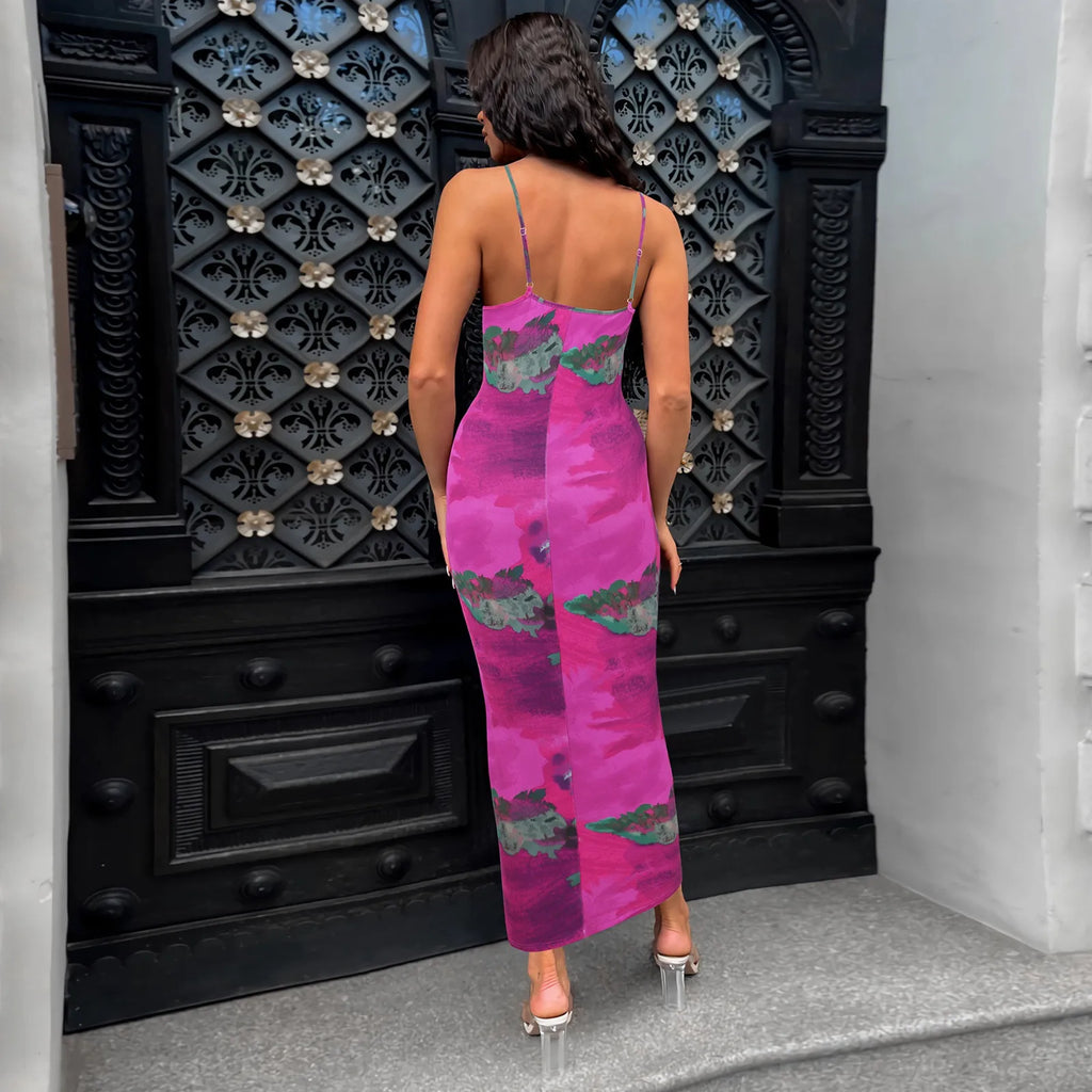 Spaghetti Strap Scoop Neck Abstract Floral Print Side Ruched Bodycon Midi Dress