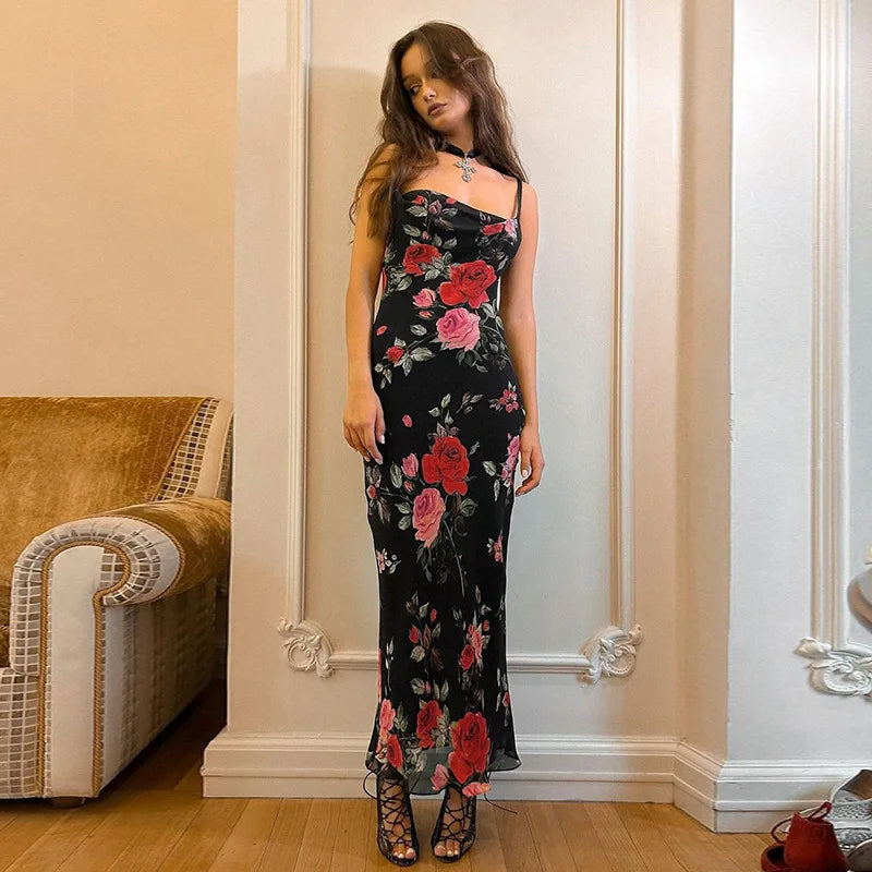 Large Scale Floral Print Spaghetti Strap Sheer Skirt Bodycon Maxi Dress