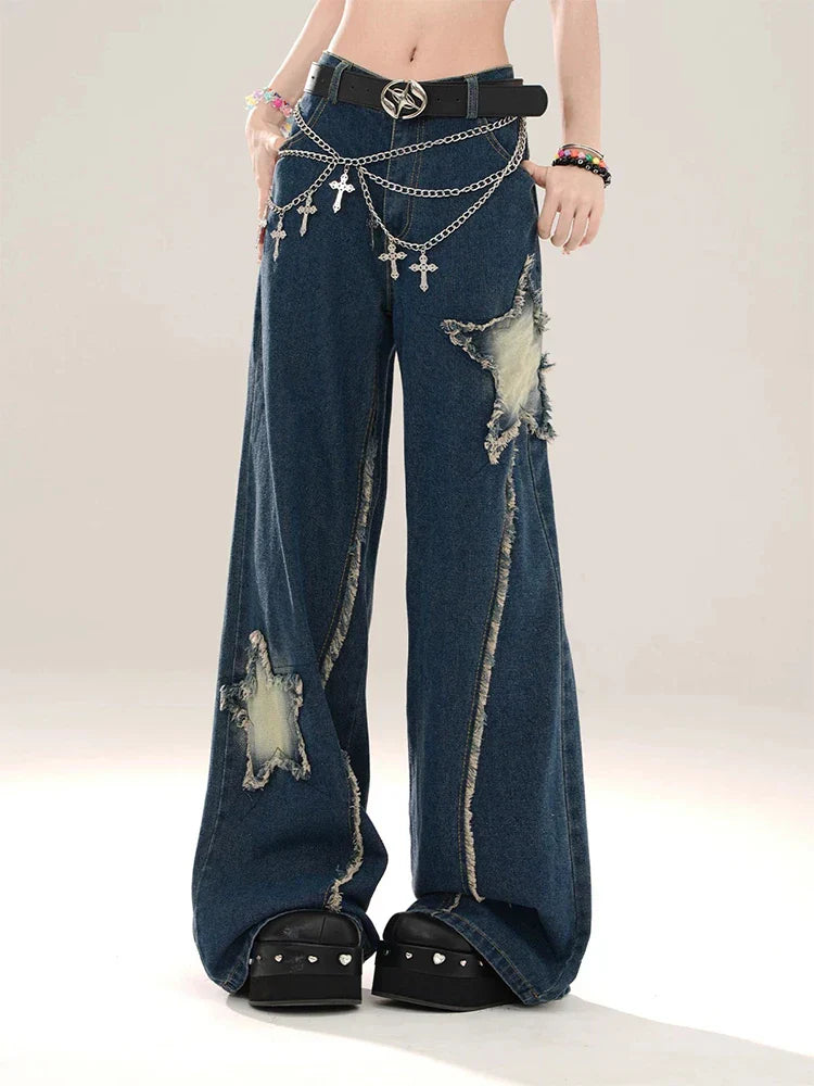 Women's Blue Baggy Star Jeans Harajuku Aesthetic Denim Trousers Y2k Vintage Japanese 2000s Style Jean Pants Trashy Clothes