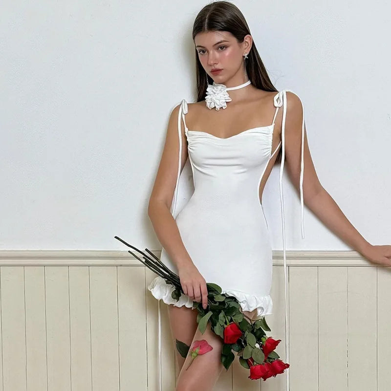 Ruched Sweetheart Tie Shoulder Strap Side Cut Out Ruffle Hem Mini Dress