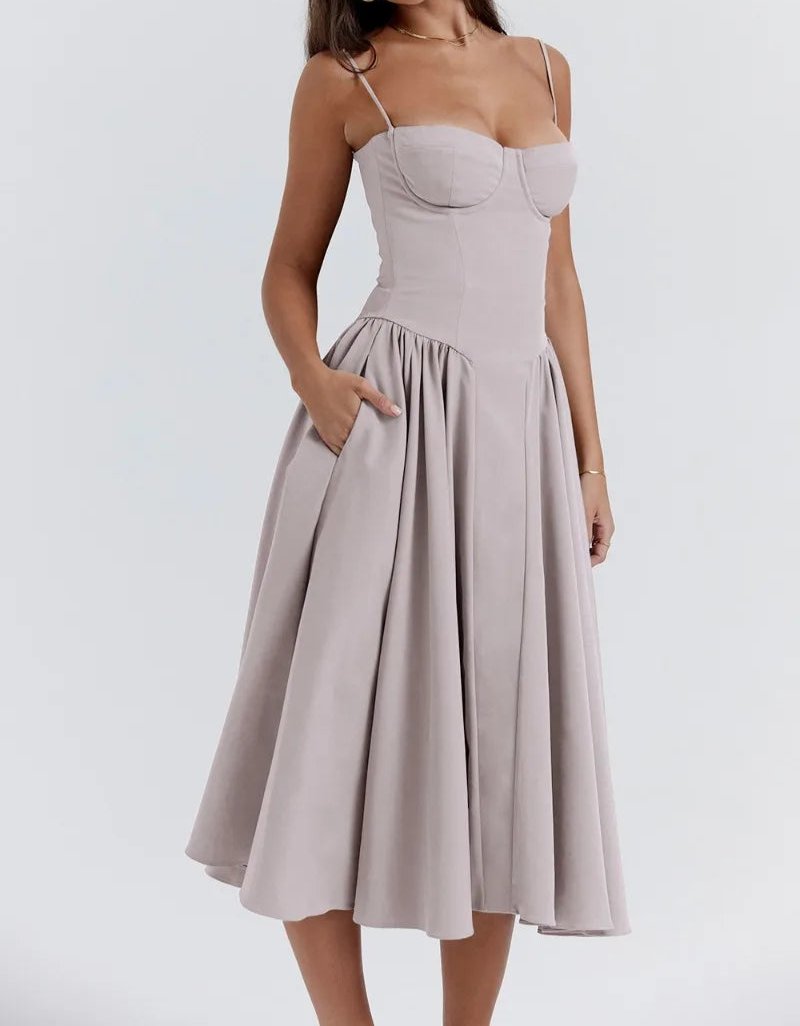 Corset Bodice Basque Waist Pleated A-Line Midi Dress