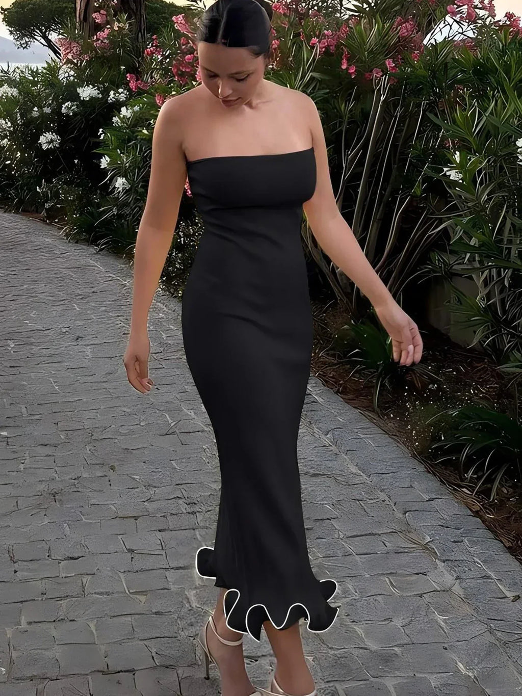 Strapless Tube Ruffle Hem Bodycon Midi Dress