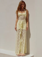 Floral Lace Halter Tie Neck Sweetheart Ruched Cascade Ruffle Front Slit Maxi Dress