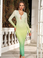 Jessica Long Sleeve Gradient Mesh Dress with Rhinestones