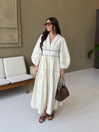 V-Neck Button Front Puff Sleeve Eyelet Lace Embroidered Tiered Maxi Dress