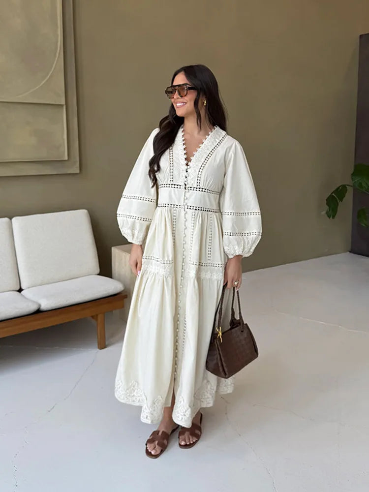 V-Neck Button Front Puff Sleeve Eyelet Lace Embroidered Tiered Maxi Dress