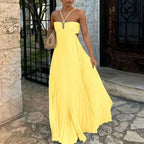 Halter Neck Sunray Pleated Side Cutout Maxi Dress