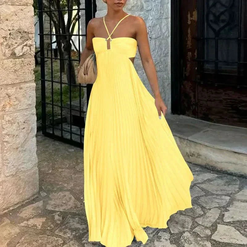 Halter Neck Sunray Pleated Side Cutout Maxi Dress