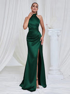 Giovanna Halter Satin Gown Dress with High Slit
