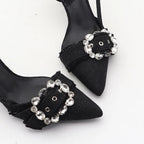 High-heeled denim sandals with rhinestone square buckle for autumn