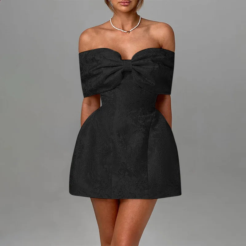 Off Shoulder Oversized Bow Jacquard Fit and Flare Mini Dress