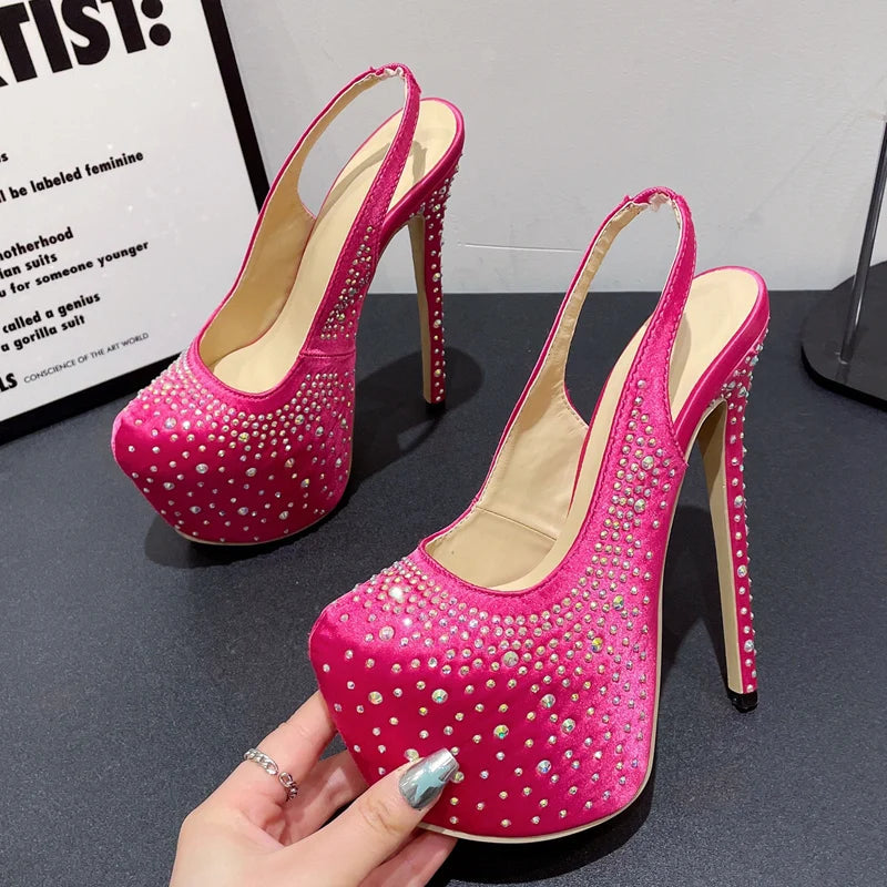 Rhinestone Silk Crystal Platform Pumps Stiletto Heels for Women