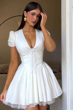 V-Neck High Waist Pleated Mini Dress with Short Sleeves