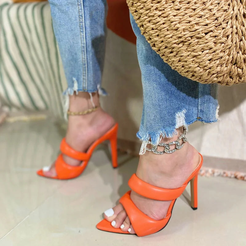 Golded High Heels Narrow Band Women Slippers
