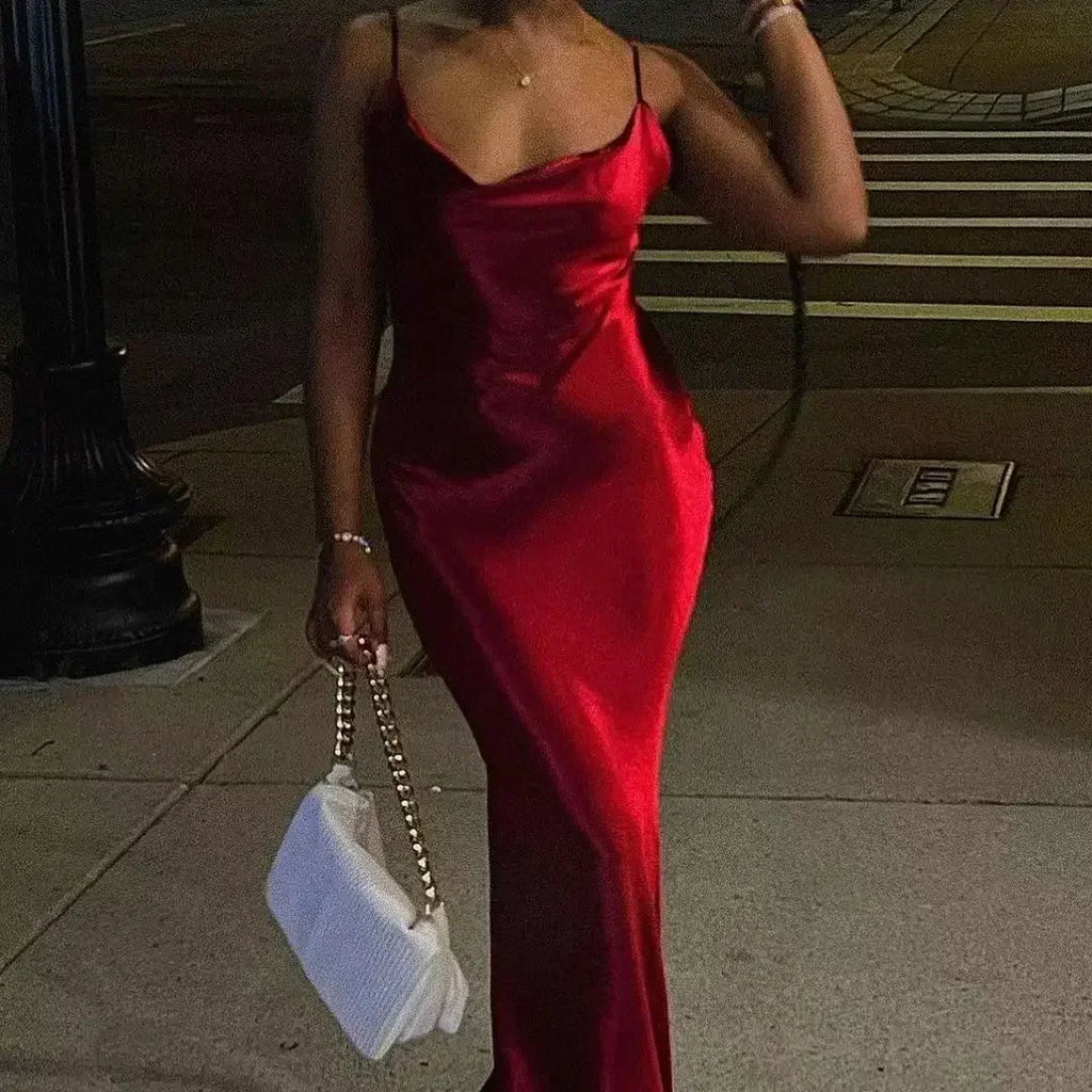 Satin Cowl Neck Spaghetti Strap Slip Maxi Gown
