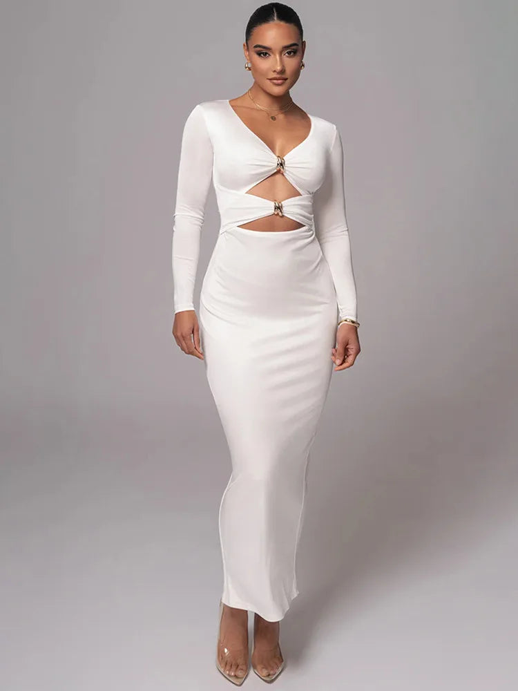 V-Neck Long Sleeve Ring Hardware Cut Out Bodycon Maxi Dress